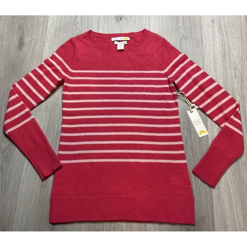 C&C California Sweater Women XS Pink Striped‎ Cashmere Cozy Soft Luxury Barbie
